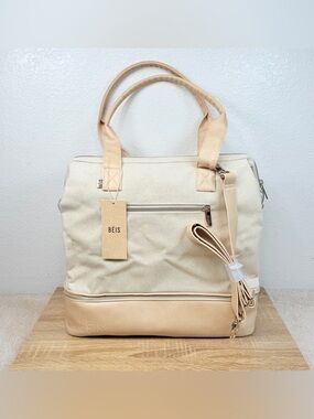 NEW BEIS The Mini Weekender Travel Bag Beige w/ Shoe Compartment Laptop Sleeve